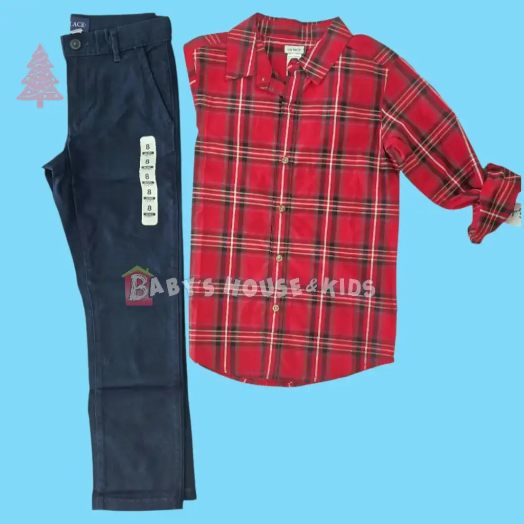 Camisa Roja a cuadros y pantalón oscuro, talla 8