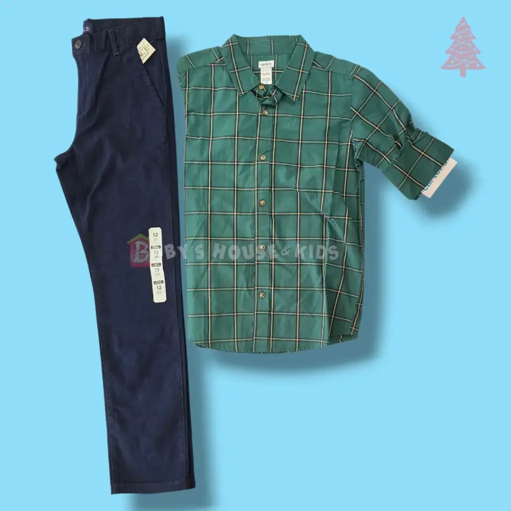 Camisa verde y pantalón azul formal, talla 12