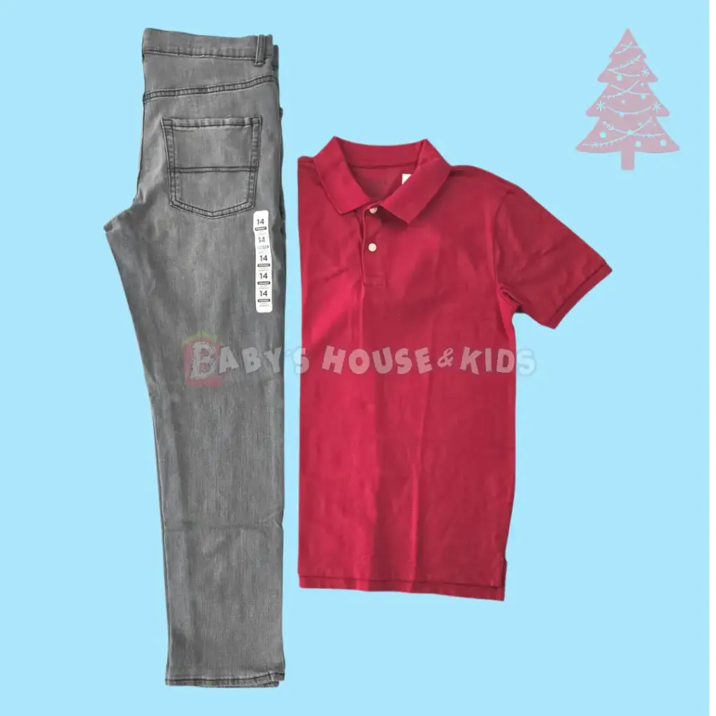 Polo roja y Jeans stretch + ancho, talla 14