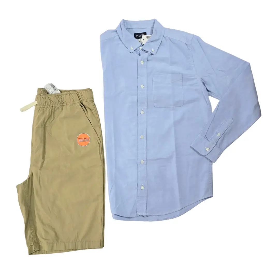 Camisa manga larga azul celeste y short cargo, talla 16