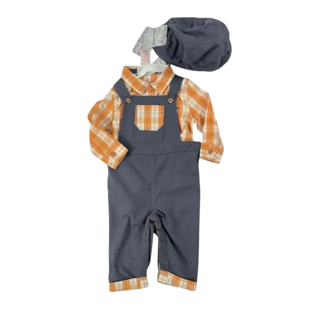 Traje overol gris con boina, talla 3 meses