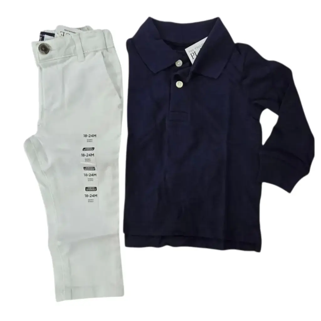 Polo azul marino de algodón y pantalón blanco, talla 18 meses
