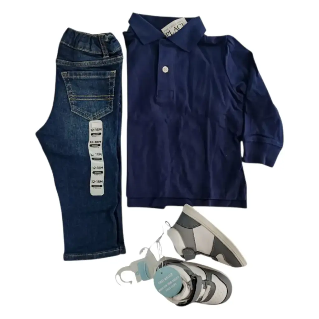 Polo manga larga y Jeans azul marino, talla 12 meses