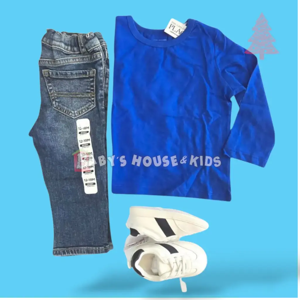 Camiseta azul manga larga y Jeans talla 12 meses