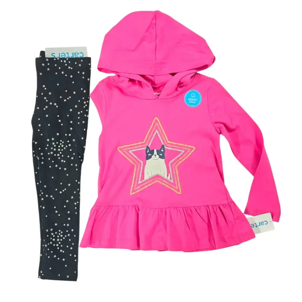 Manga larga fucsia de algodón con gorro y legging con brillos, talla 3t