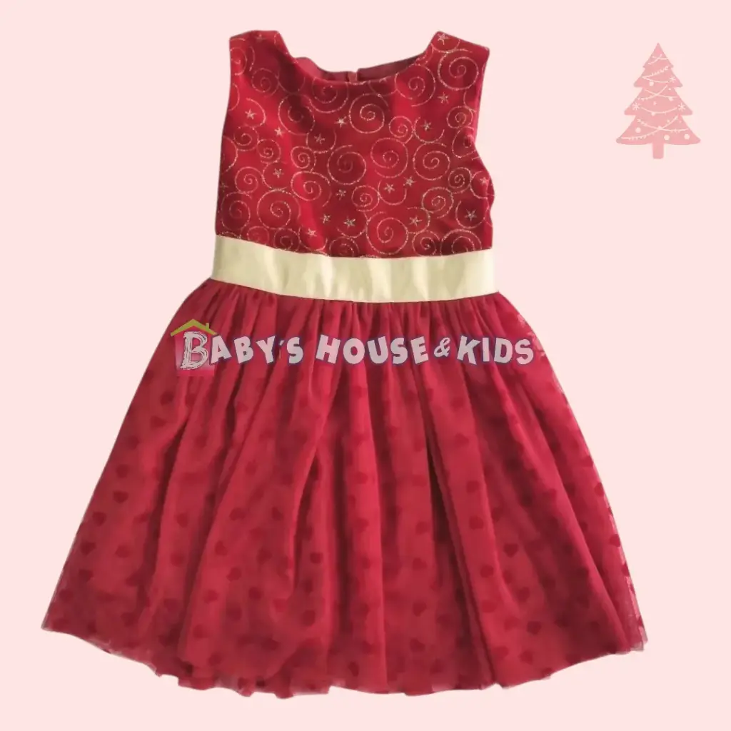 Vestido rojo con cinta dorada en la cintura, talla 3t