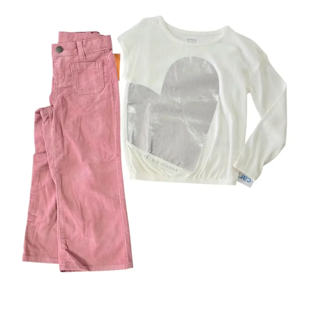 Manga larga con corazón plateado y pantalón ancho rosa, talla 3t 