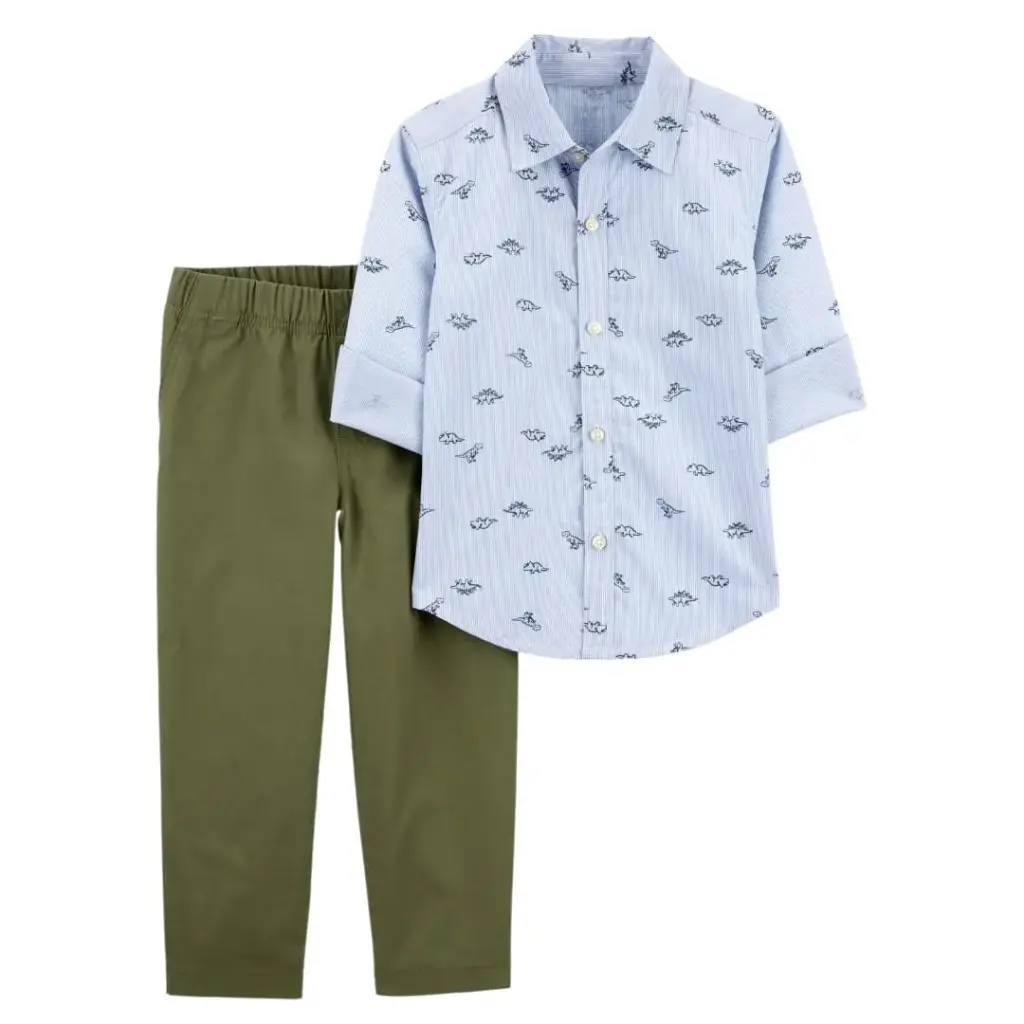 Manga larga de botones con figuras de dinosaurios y pantalón verde olivo, talla 2t 