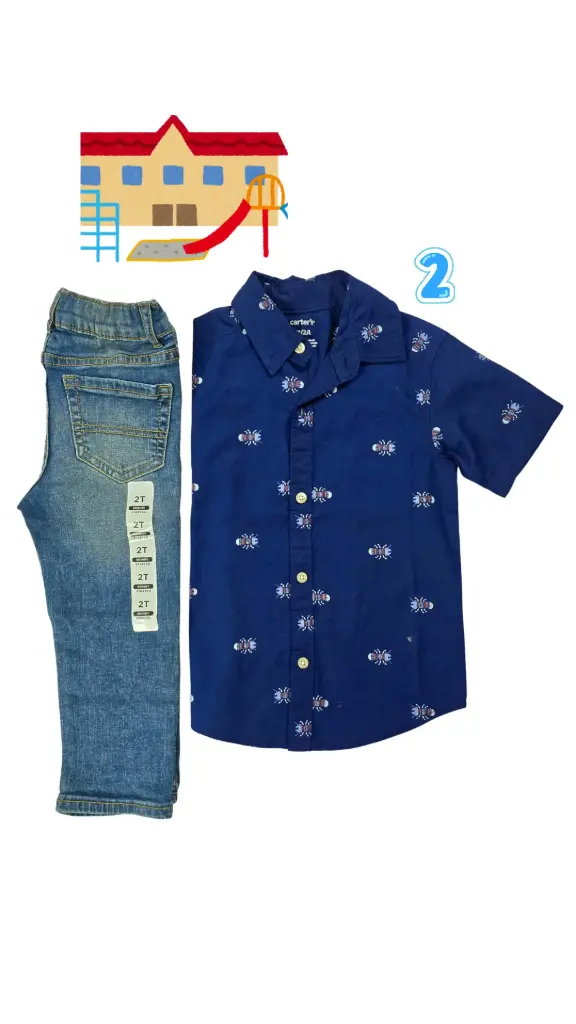 Set Camisa azul con figuras de insectos y jean 2t de varón 