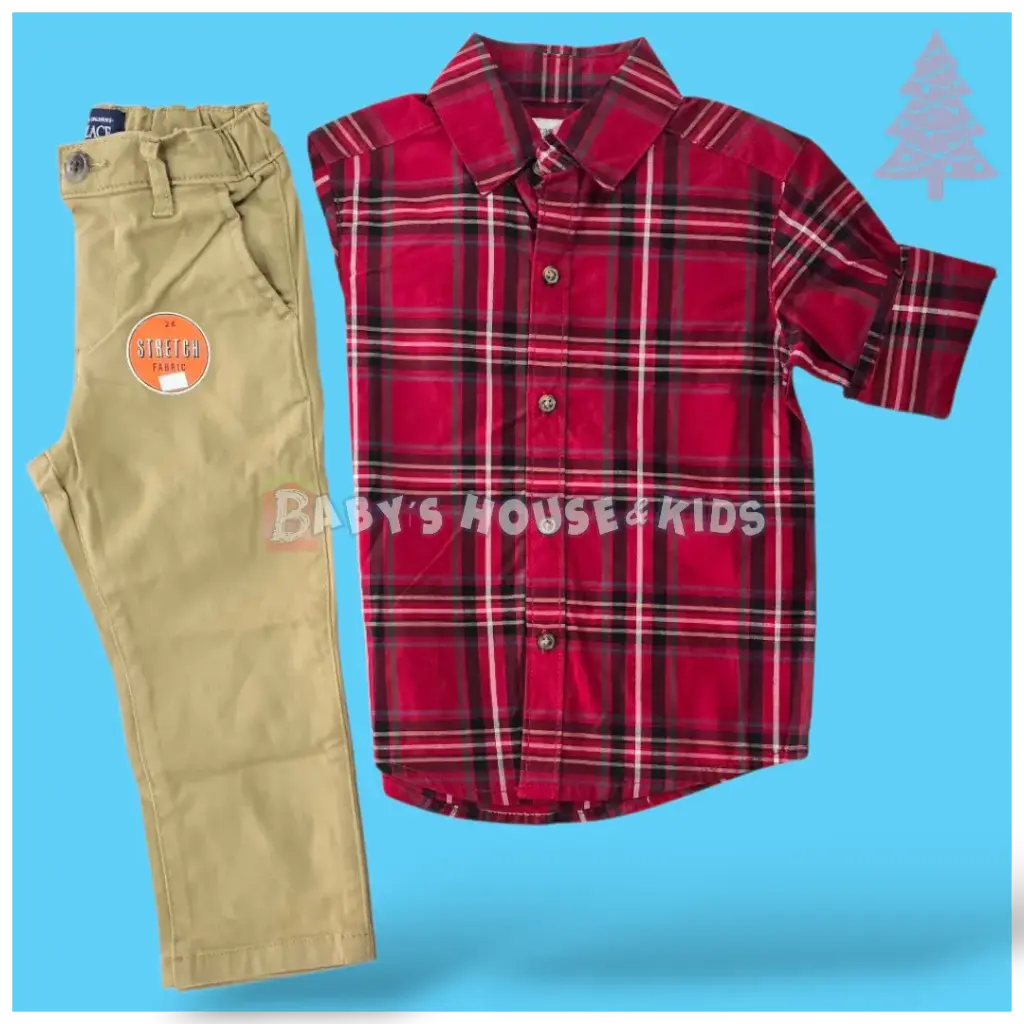 Manga larga de botones cuadriculada y pantalón caqui, talla 2t  