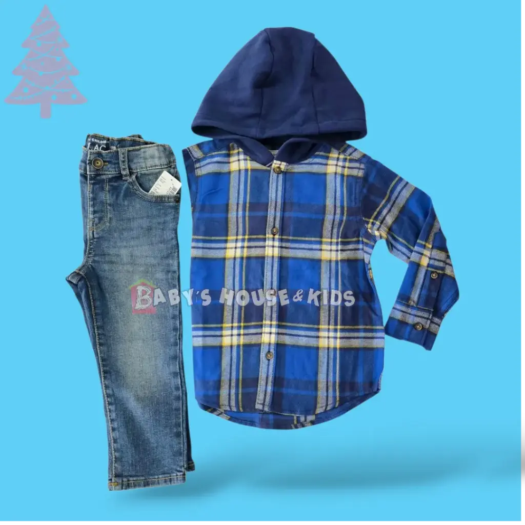 Manga larga cuadriculada de algodón, con gorro y Jeans talla 2t  