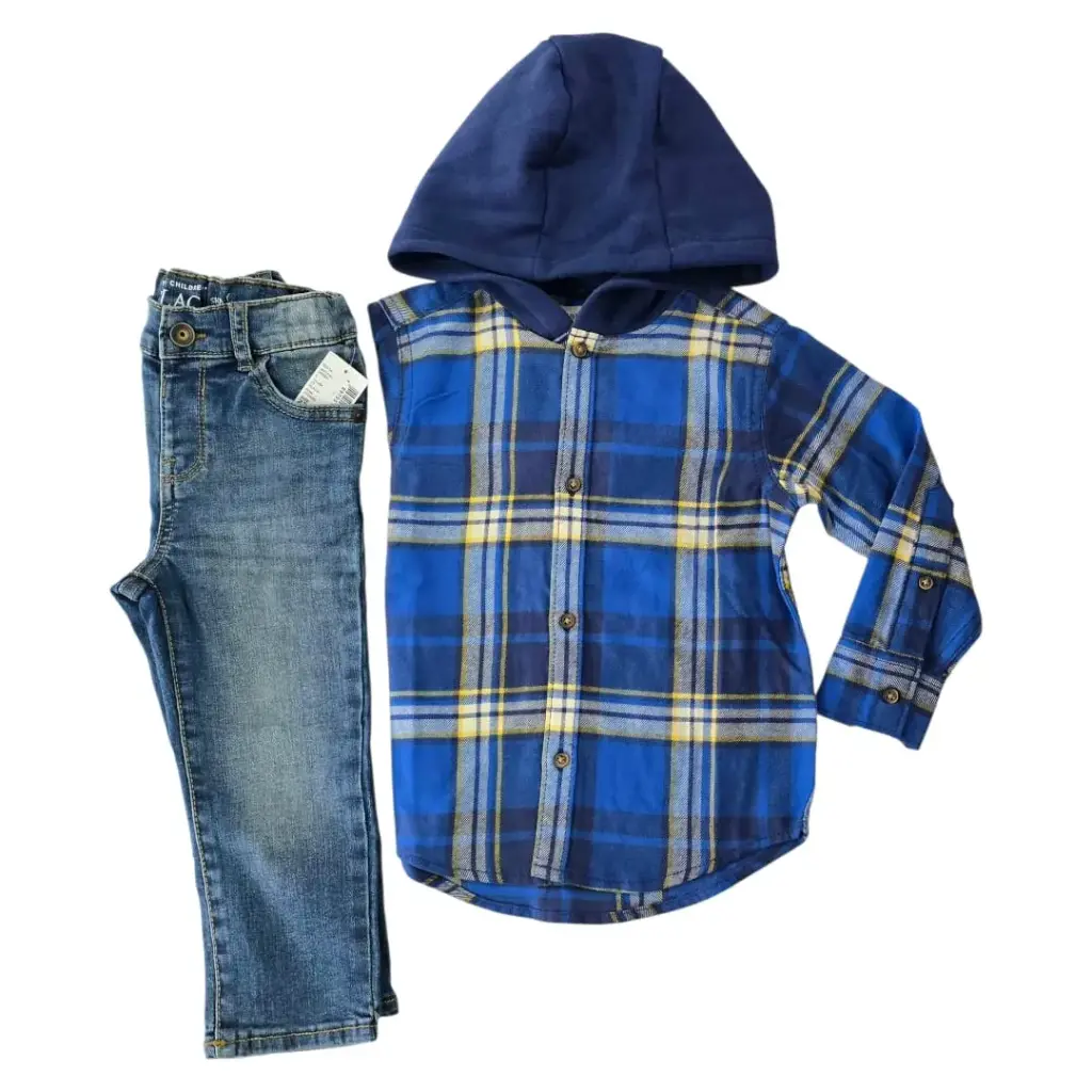 Manga larga cuadriculada de botones, con gorro y Jeans talla 2t  