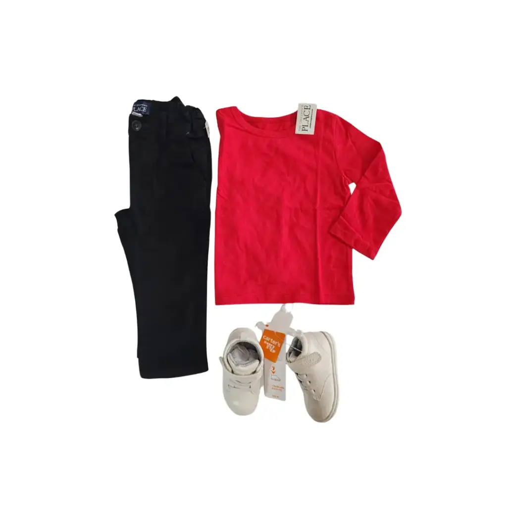 Set Camisa roja y Jean color negro talla 12 meses varón 