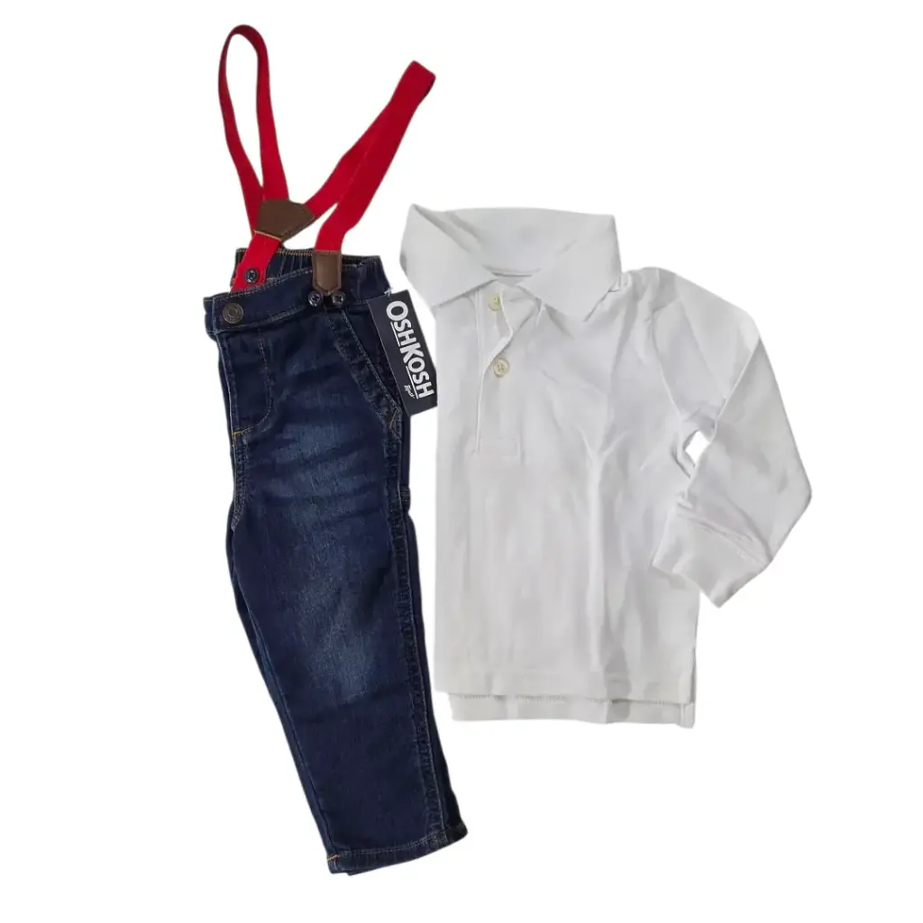 Camisa blanca y Jeans con tirantes rojos, talla 18 meses