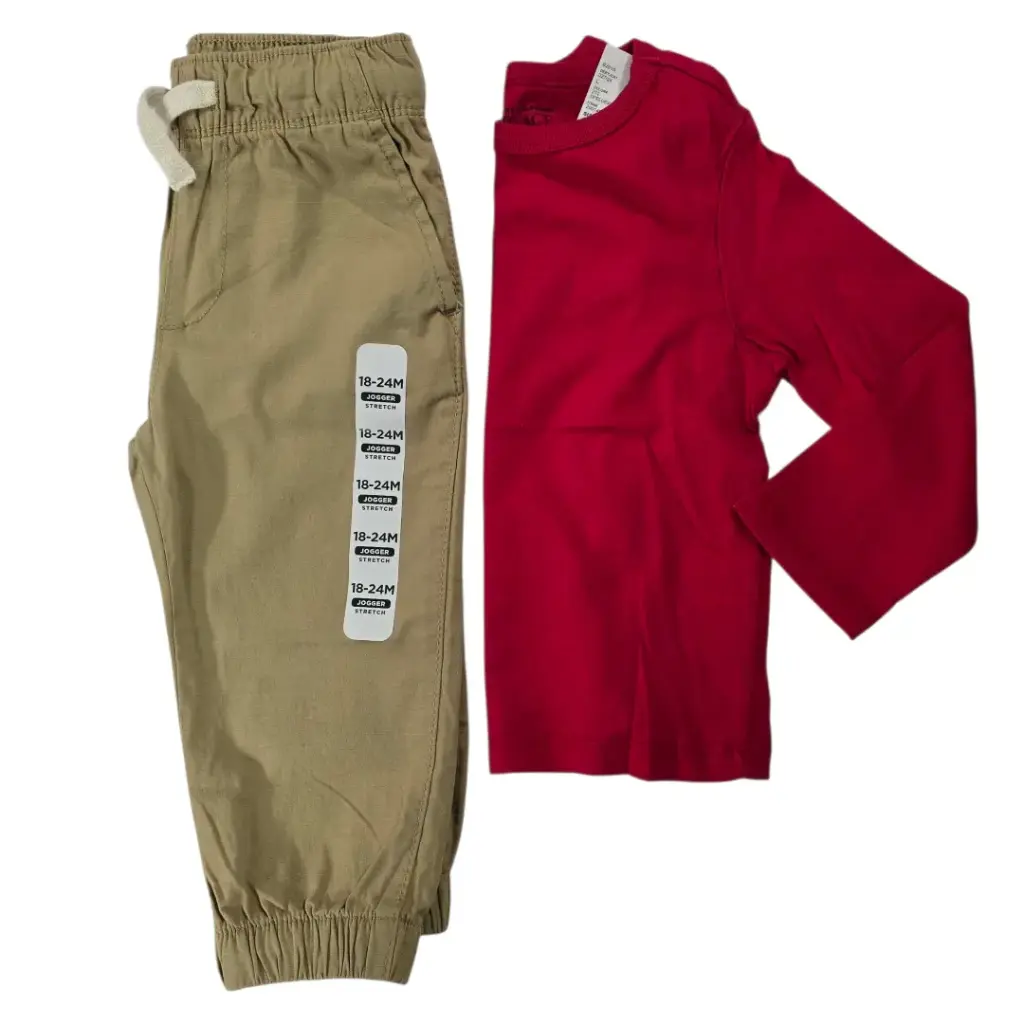 Polo manga larga roja de algodón y pantalón jogger talla 18 meses