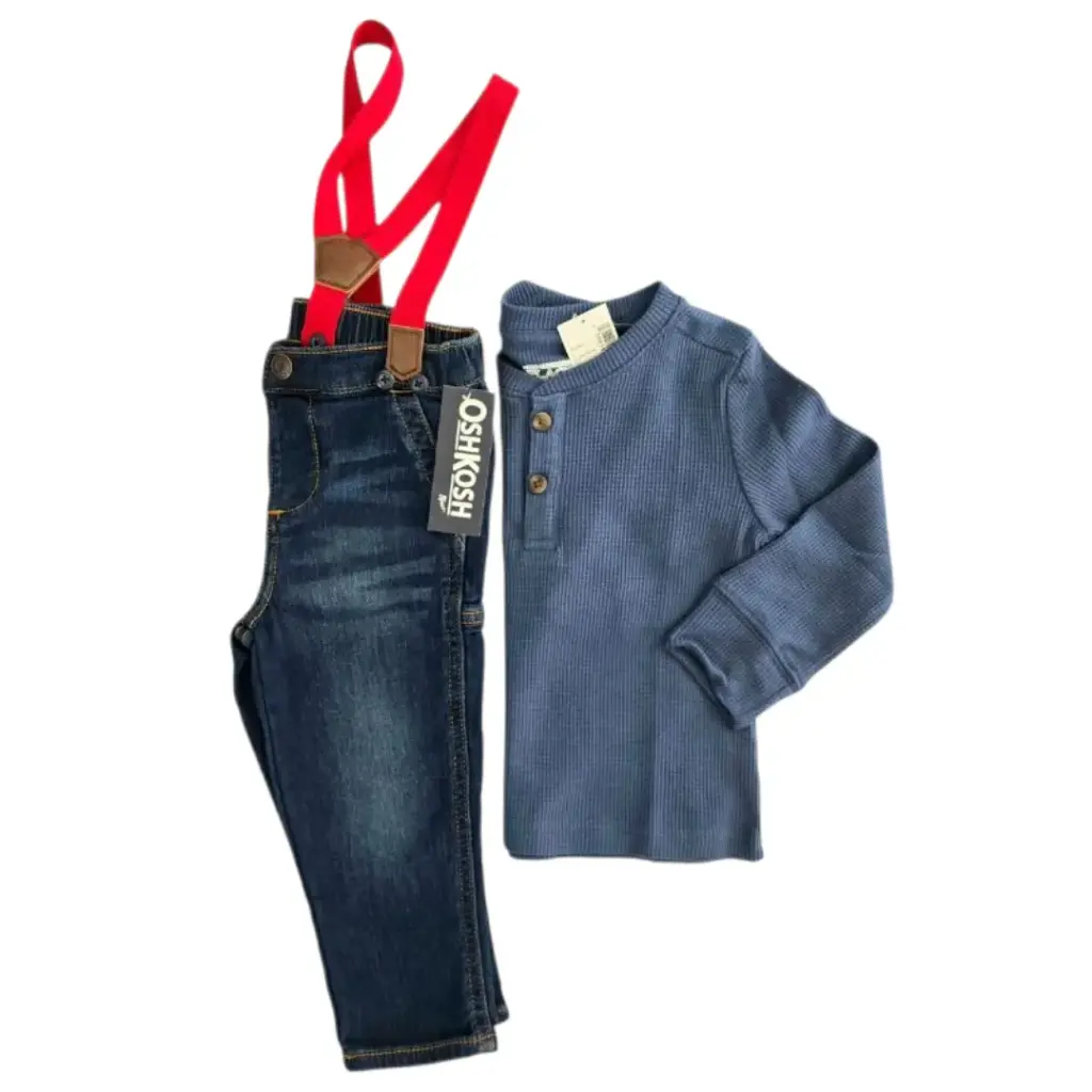 Camisa azul turquesa y jeans con tirantes rojos, talla 18 meses