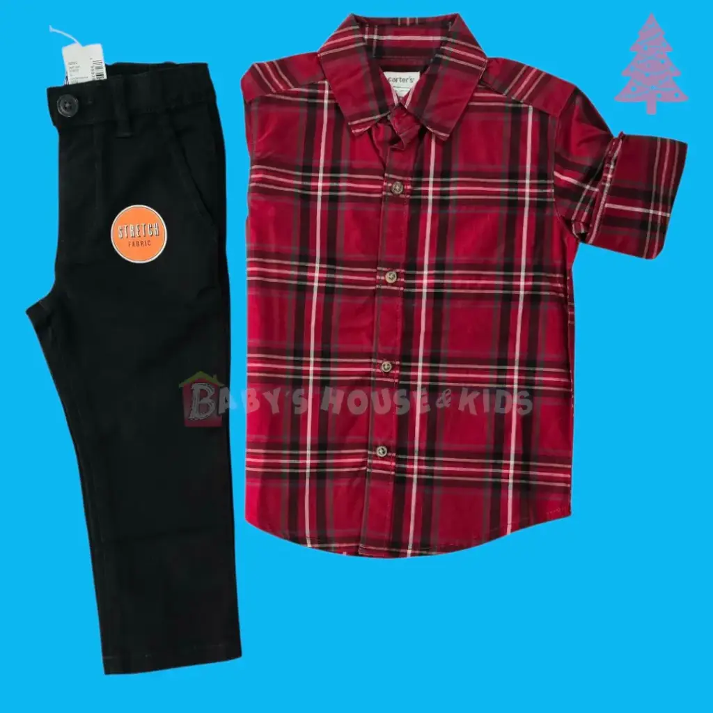 Manga larga cuadriculada de botones y pantalón negro, talla 3t