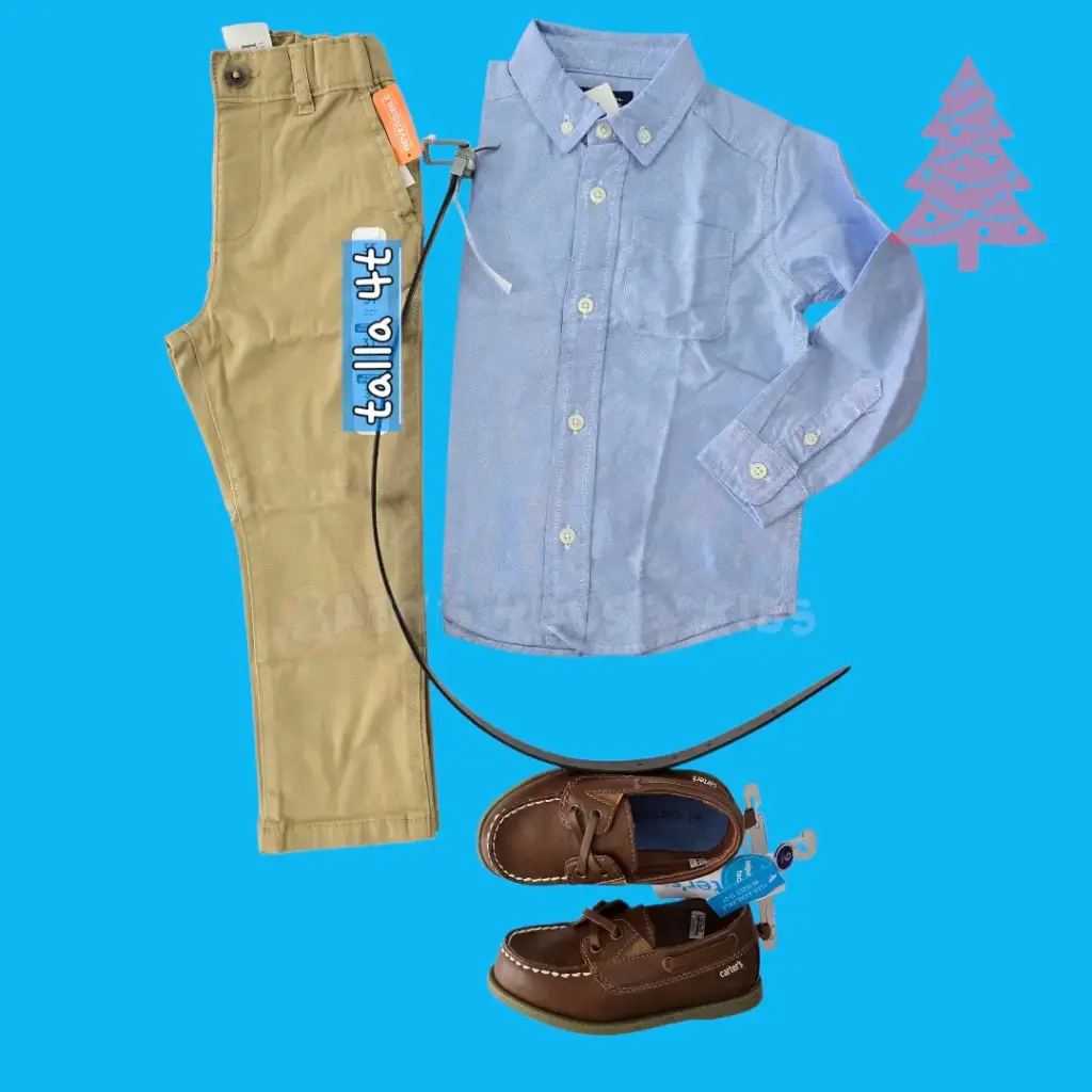 Manga larga azul de botones y pantalón caqui, talla 3t 