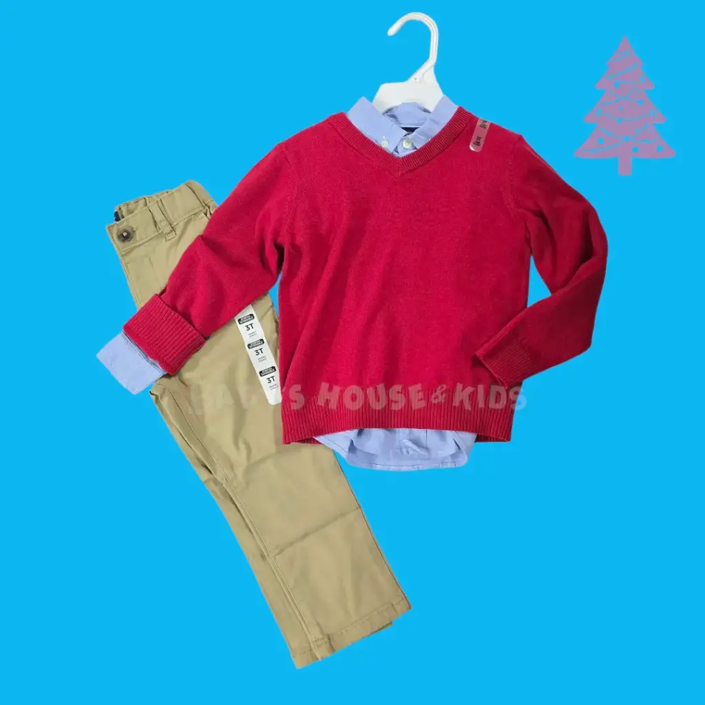 Manga larga de botones, pantalón caqui y suéter rojo, talla 3t  