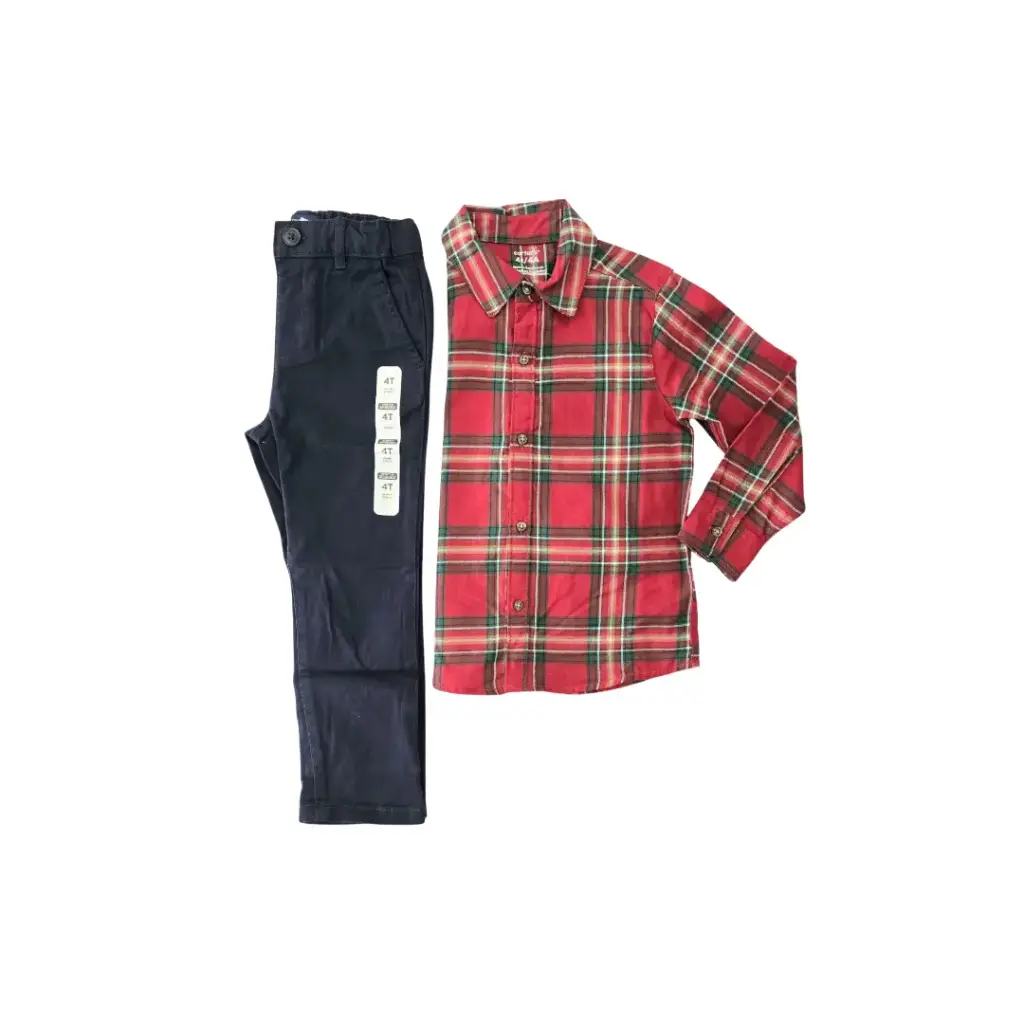 Camisa roja manga larga de botones y pantalón, talla 4t varón 