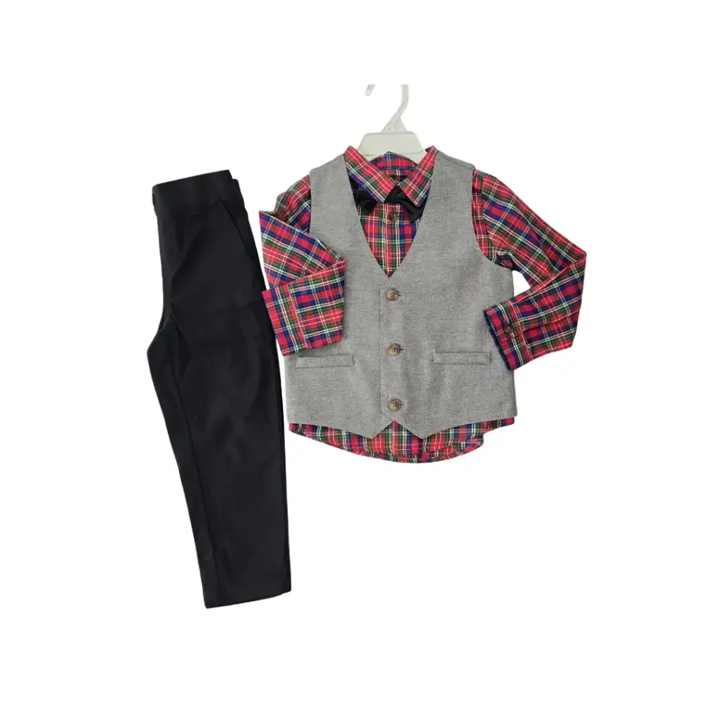 Camisa manga larga de botones, centro gris, corbatín negro y pantalón negro, talla 4t varón 