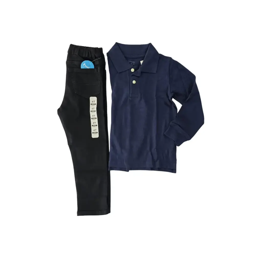 Polo azul marino manga larga y pantalón negro, talla 4t varón 