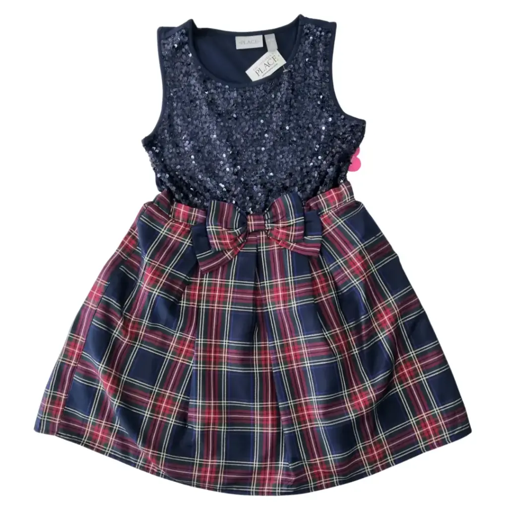 Vestido escotado con lentejuelas azul marino y cuadriculado, talla 8