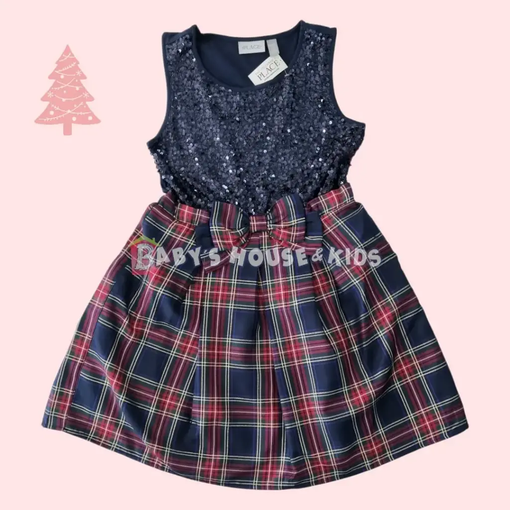 Vestido escotado con lentejuelas azul marino y cuadriculado, talla 8