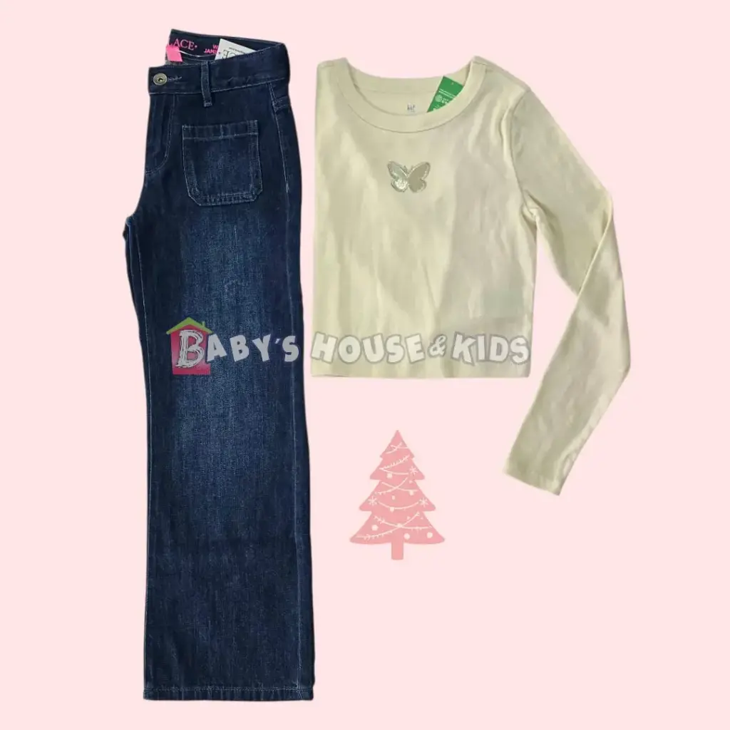 Manga larga ivory de algodón y Jeans anchos, talla 8