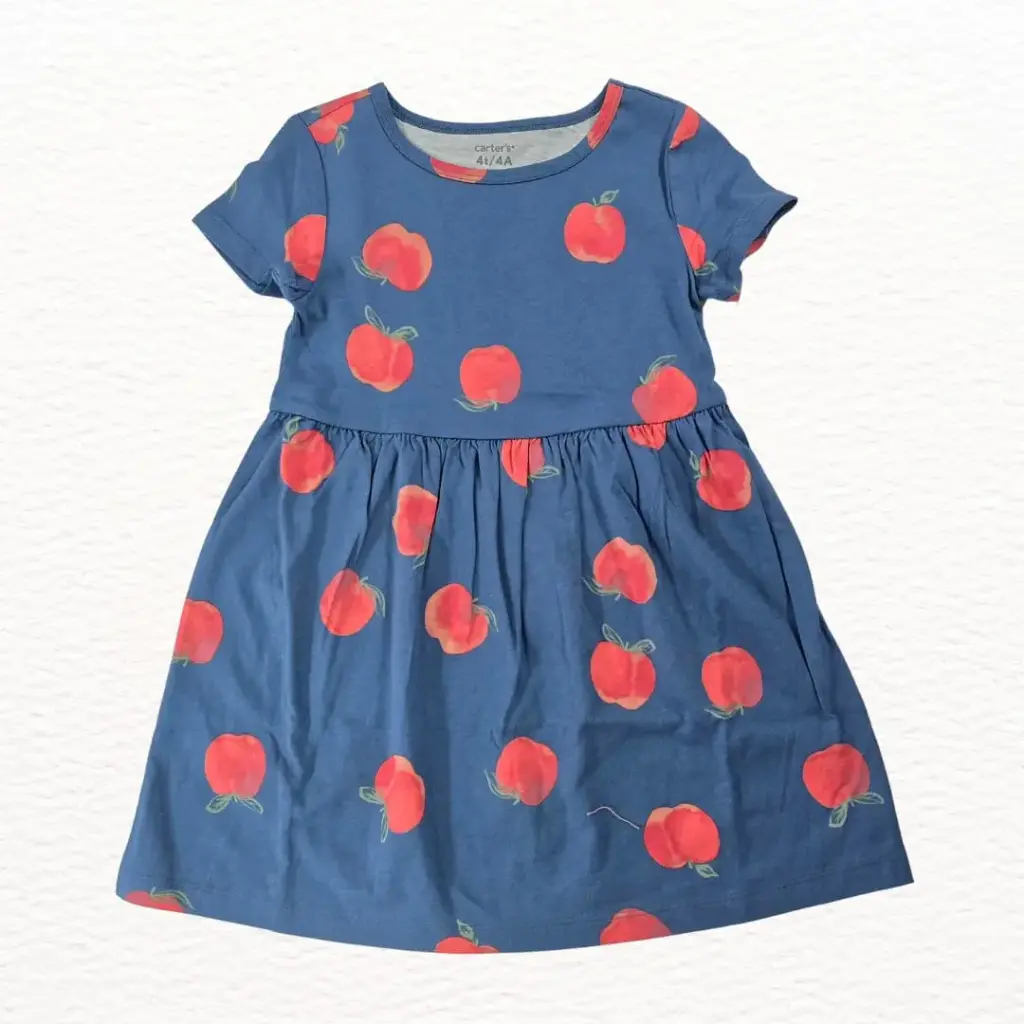 Vestido de algodón, azul marino con manzanas, talla 4t