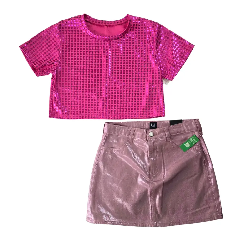 Blusa brillante talle corto y falda brillante, talla 14