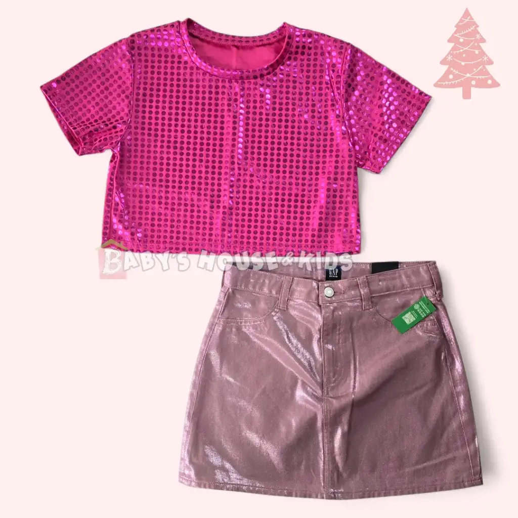 Blusa brillante talle corto y falda brillante, talla 14