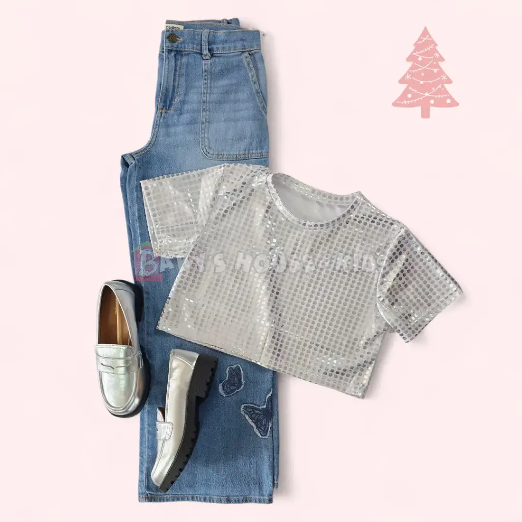 Blusa taller corto y Jeans anchos, talla 14