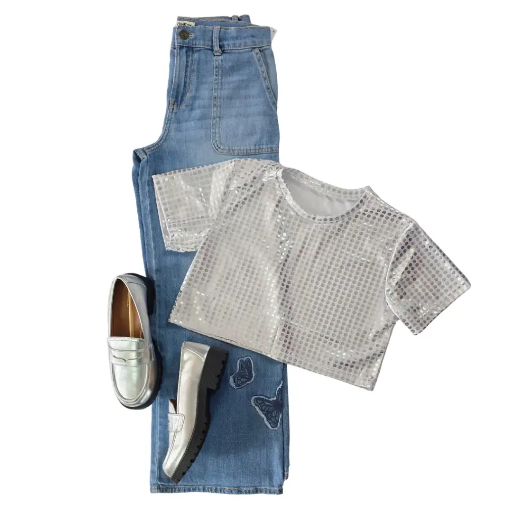 Blusa taller corto y Jeans anchos, talla 14