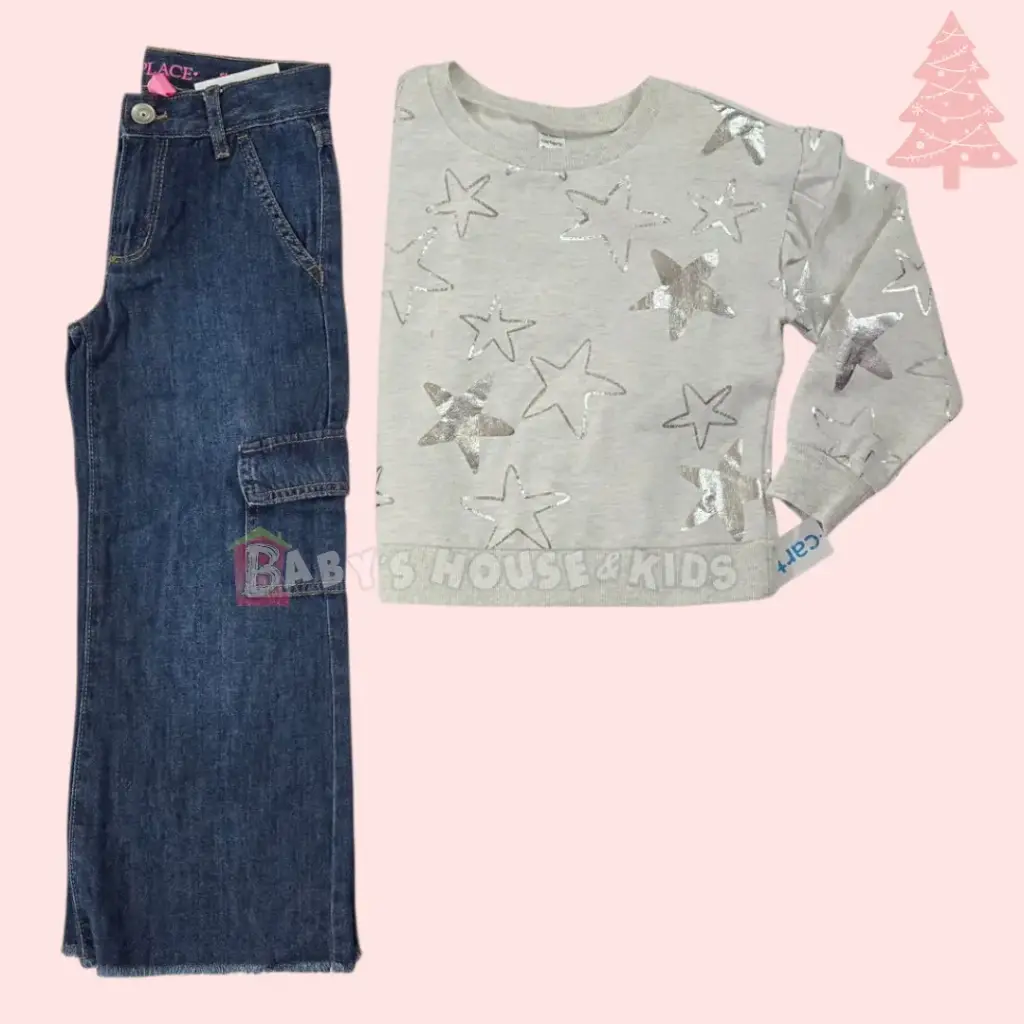 Camisa tipo suéter con estrellas plateadas y Jeans cargo ancho, talla 5t 