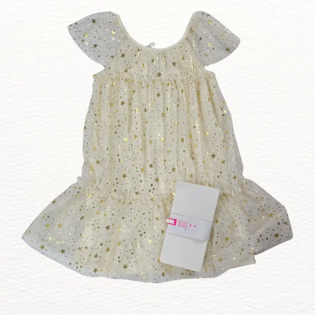 Vestido ivory con estrellas doradas, con forro, talla 5t 