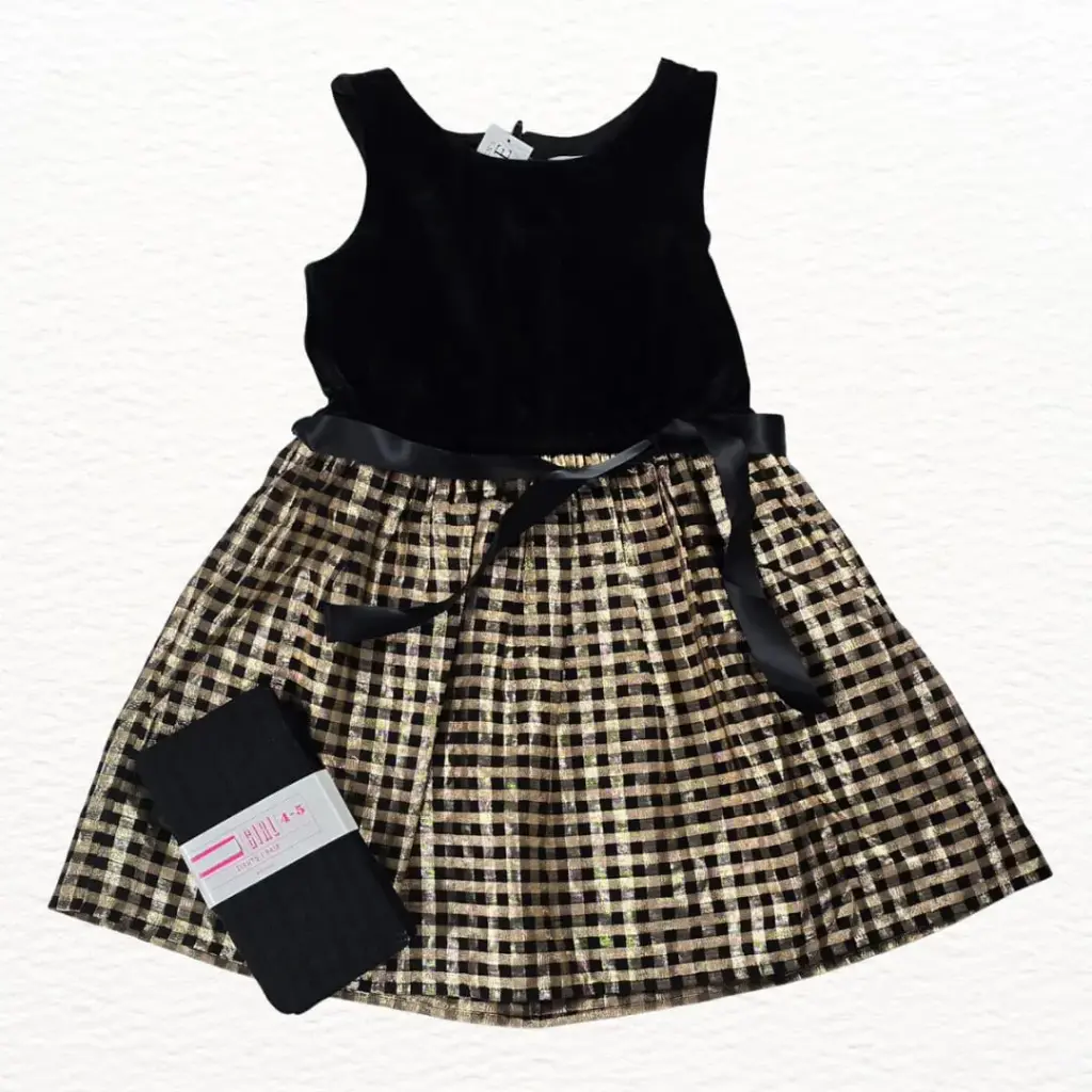 Vestido de pana negro y dorado, talla 5t 