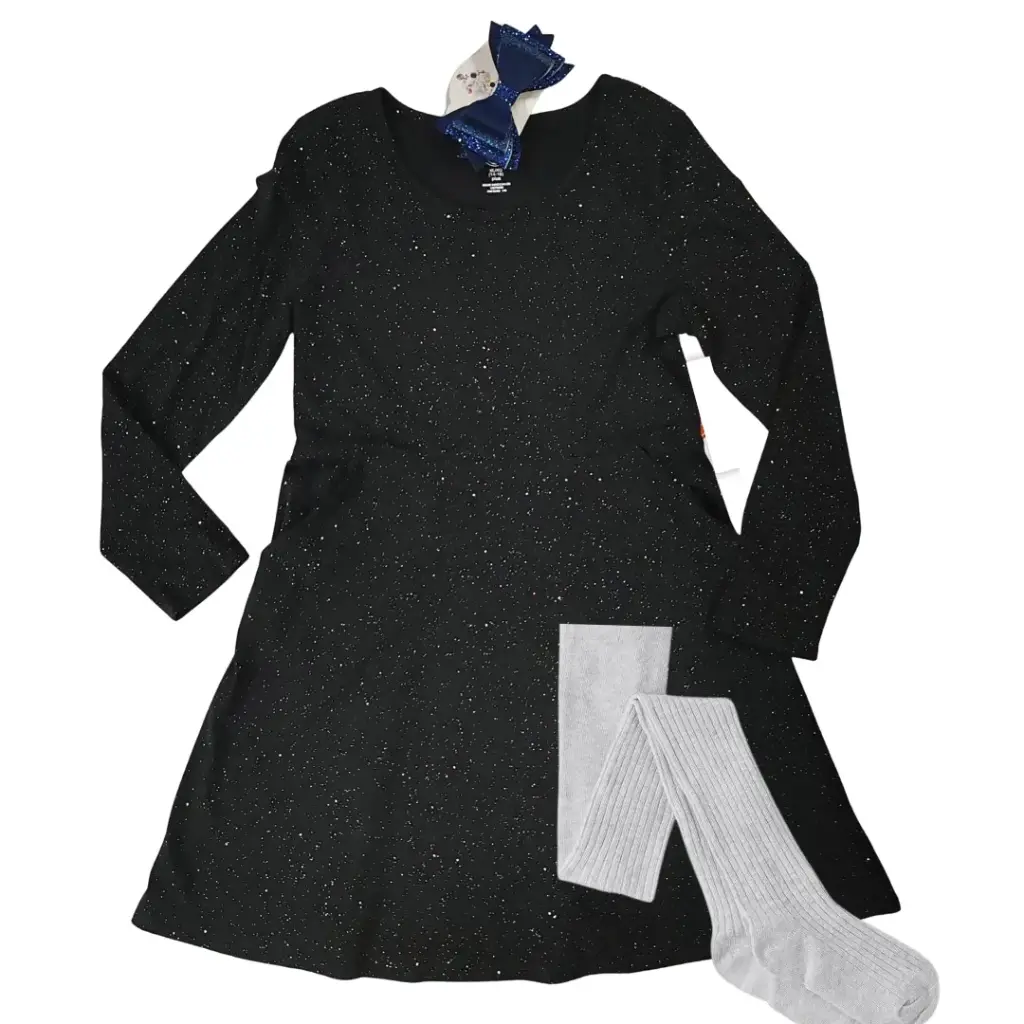 Vestido negro manga larga con brillos, talla 16