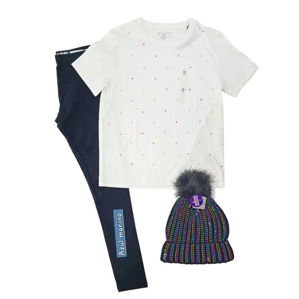 Camisa blanca y leggings azul, talla 16