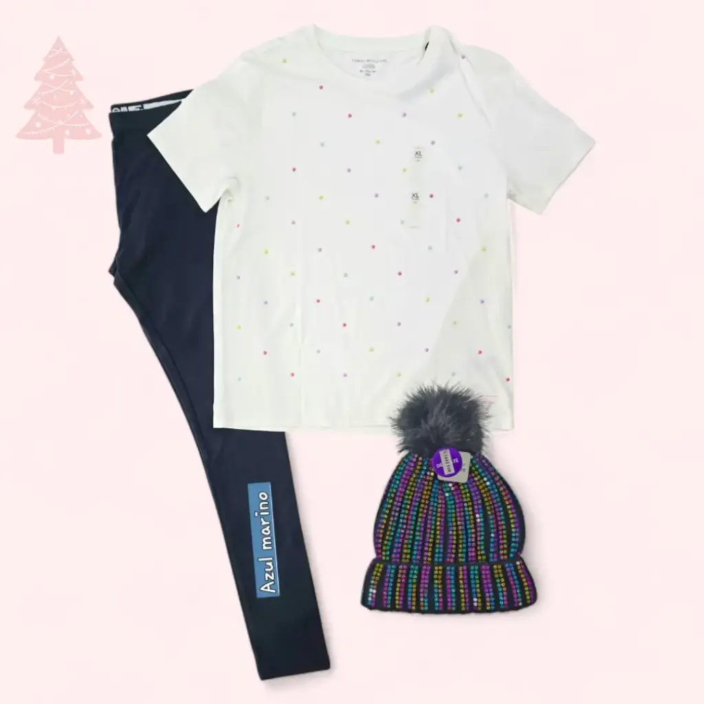 Camisa blanca y leggings azul, talla 16