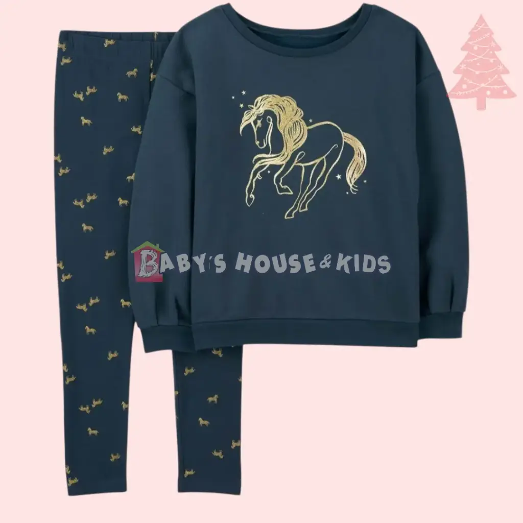 Camisa tipo suéter y legging, ambos con print dorado, talla 7