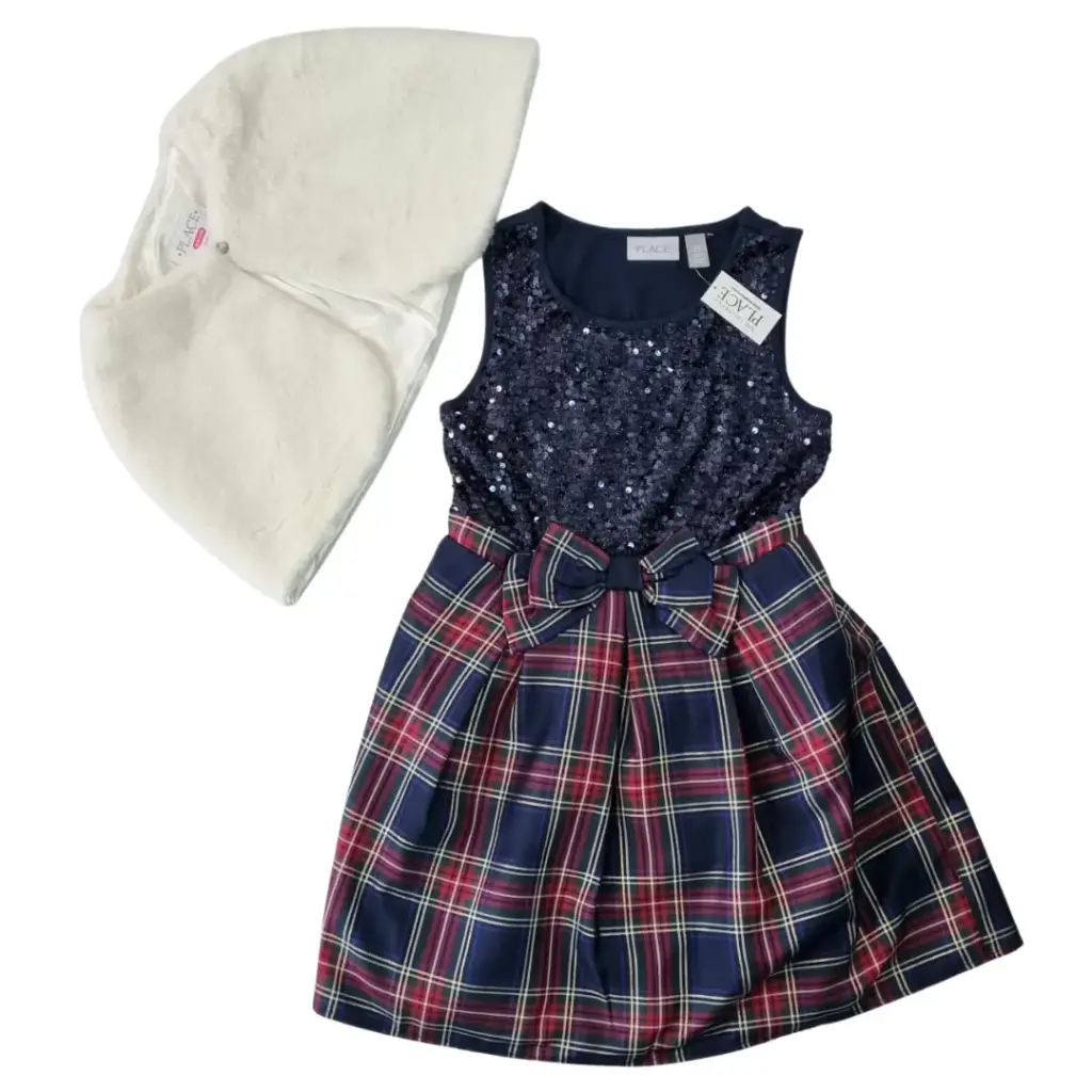 Vestido azul marino con lentejuelas y cuadriculado + abrigo peludo, talla 7