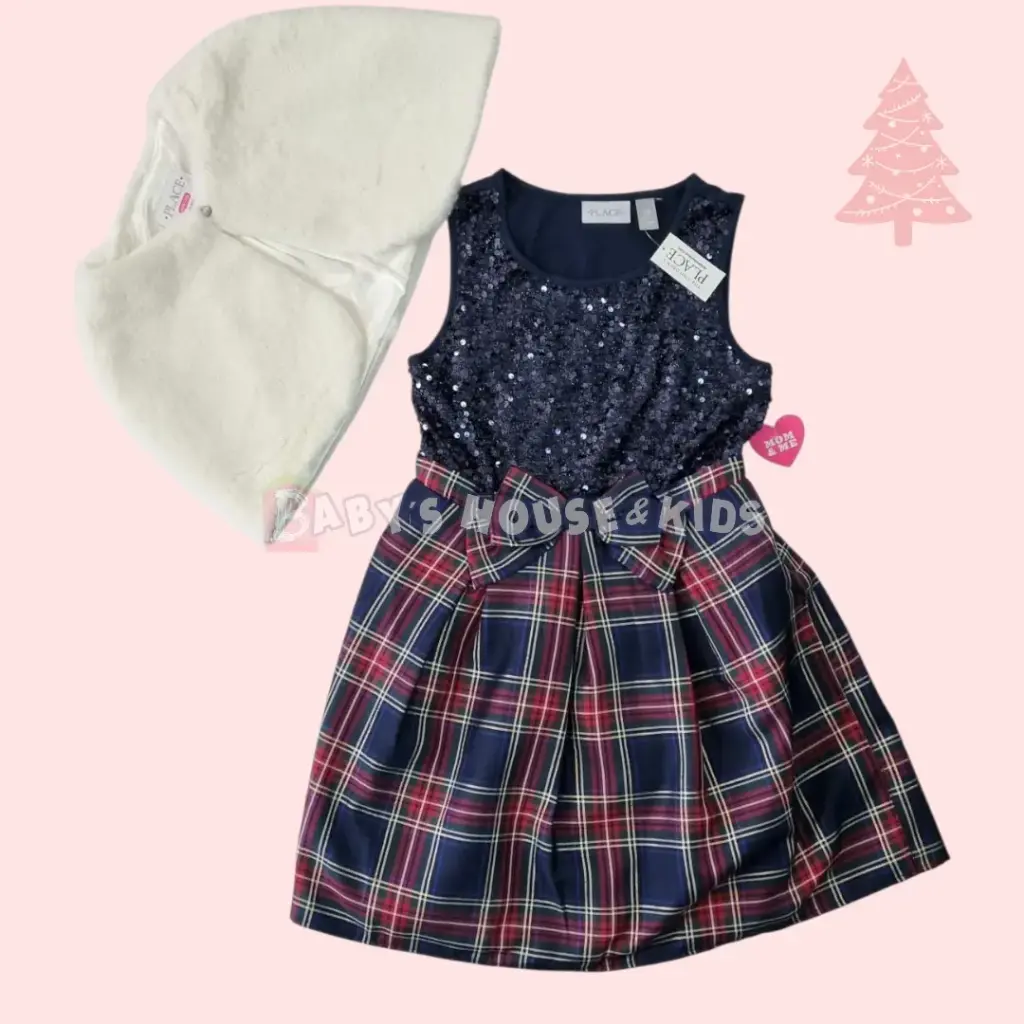 Vestido azul marino con lentejuelas y cuadriculado + abrigo peludo, talla 7