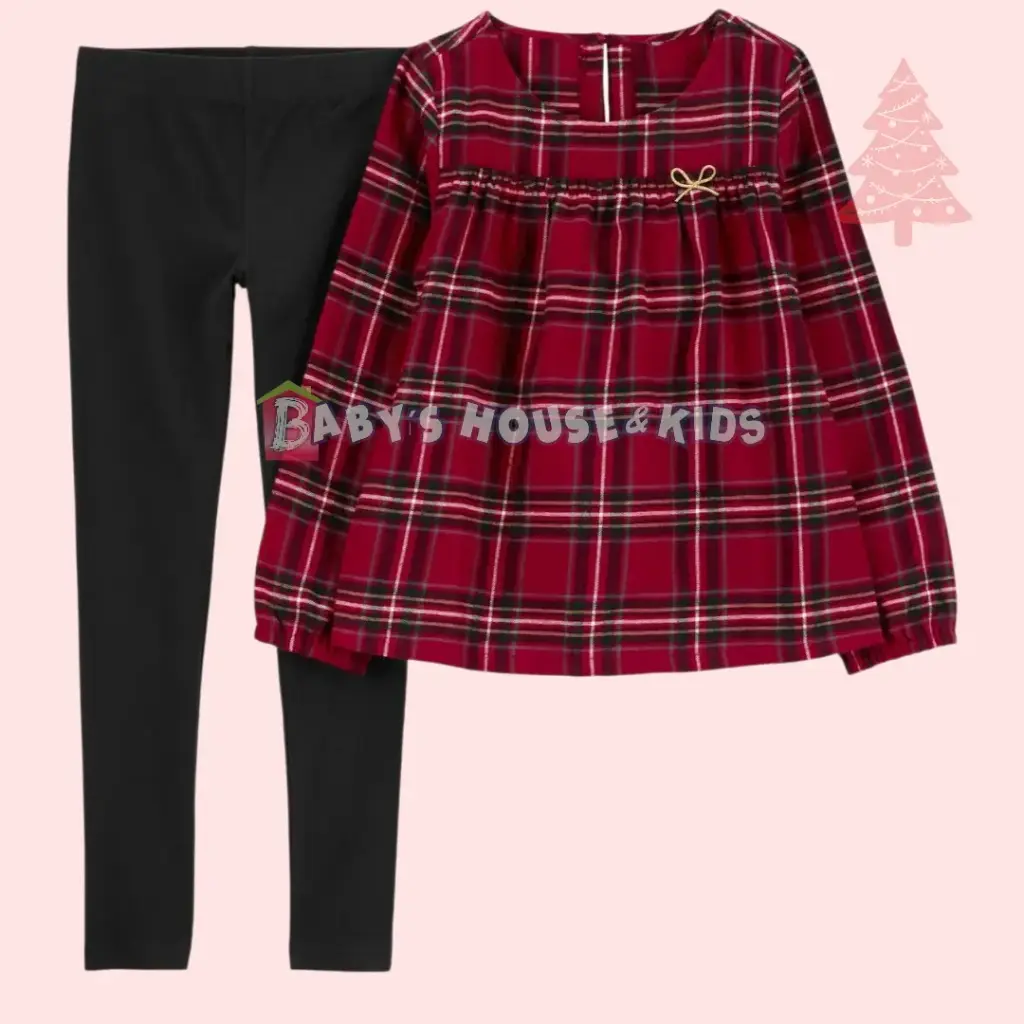 Blusa manga larga cuadriculada y legging negra, talla 7