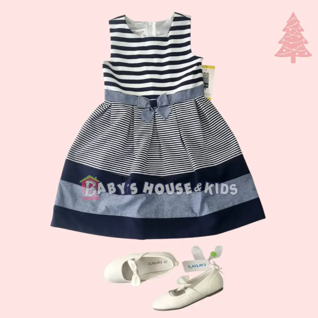 Vestido escotado azul marino y blanco, talla 4t 