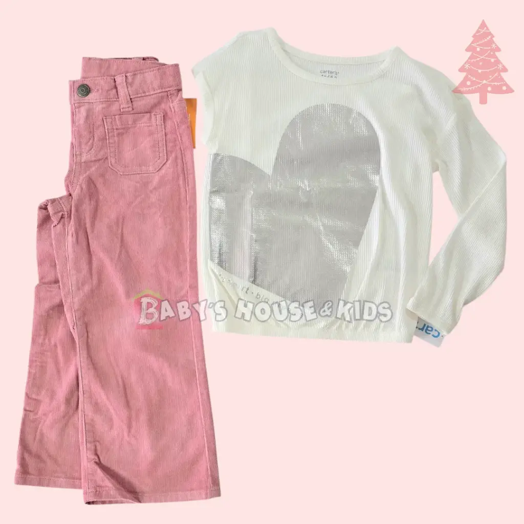 Blusa manga larga con corazón plateado y pantalón ancho rosa, talla 4t 