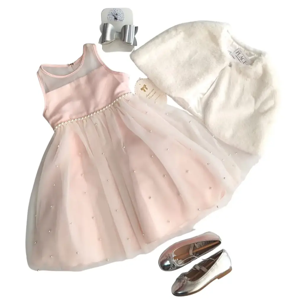 Vestido con forro interior, con perlas en la parte inferior y abrigo peludo, talla 4t 