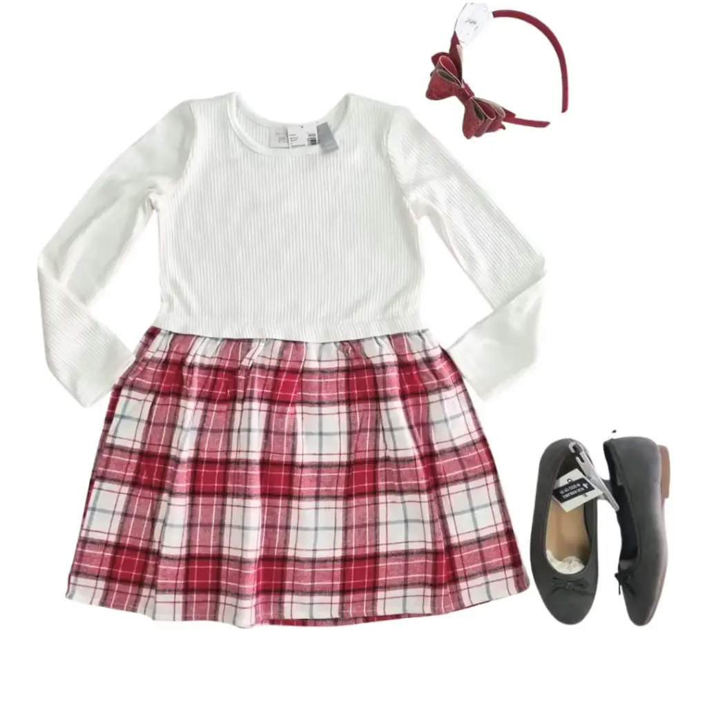 Vestido manga larga, blanco y cuadriculado, talla 4t 