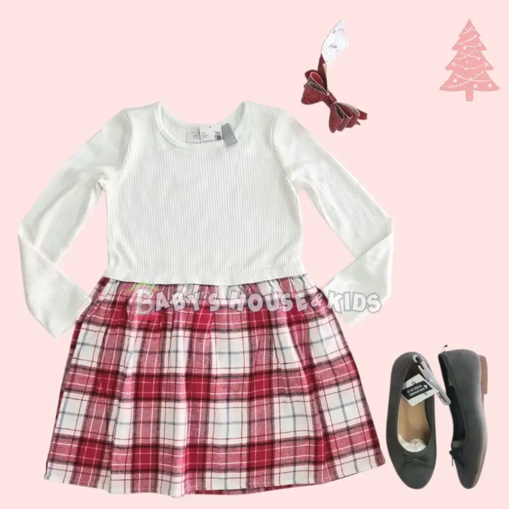 Vestido manga larga, blanco y cuadriculado, talla 4t 