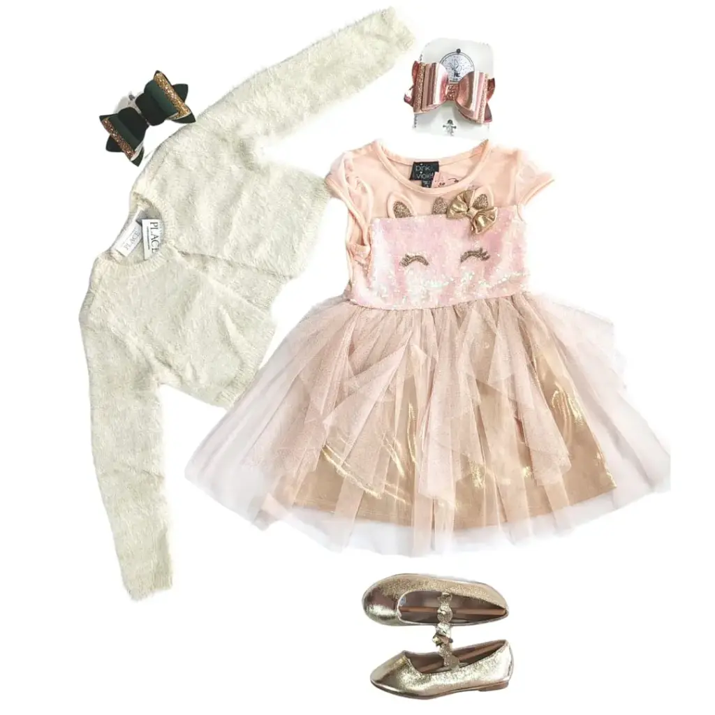 Vestido con lentejuelas y carita de unicornio en la parte superior y tutú más bolero ivory, talla 4t 